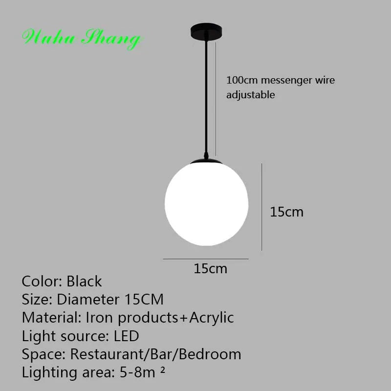 Frosted Acrylic Ball Pendant Light Milky White E27 8-35cm 100cm Cord AC 110-240V Scandinavian