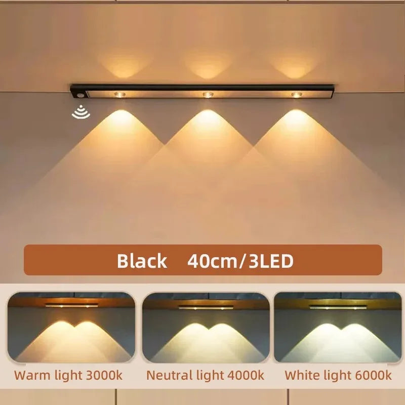 Ultra Thin Rechargeable LED Under Cabinet Light Motion Sensor 3 Color Temperatures Dimmable Magnetic USB Type-C 20cm to 50cm Kitchen Wardrobe