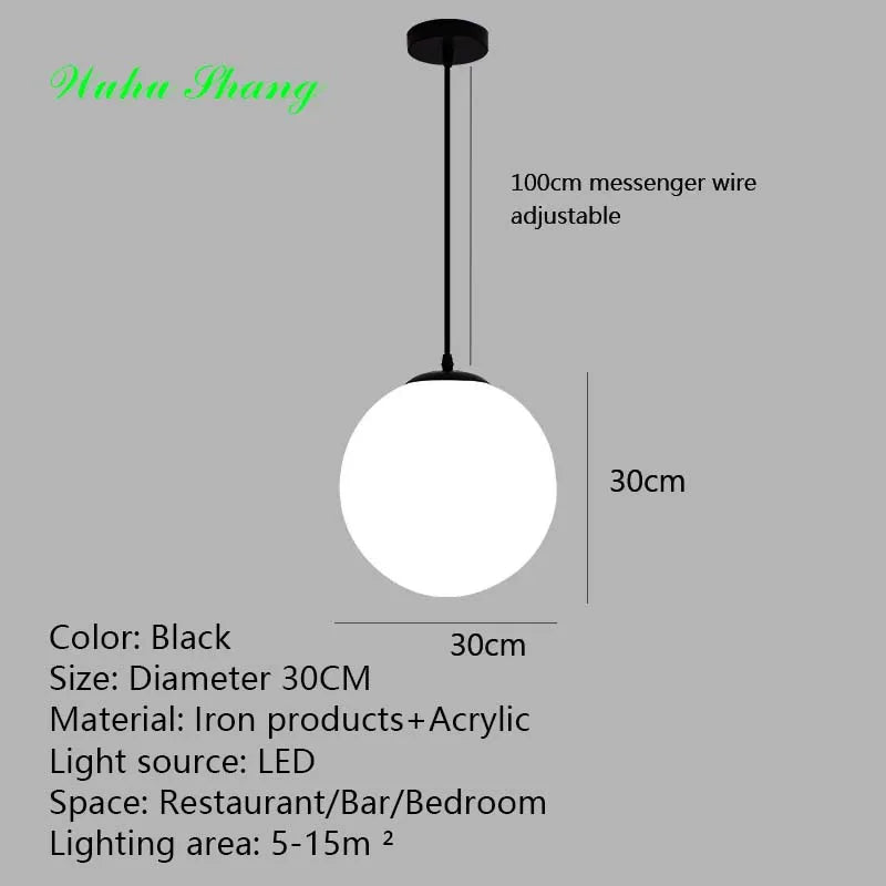 Frosted Acrylic Ball Pendant Light Milky White E27 8-35cm 100cm Cord AC 110-240V Scandinavian