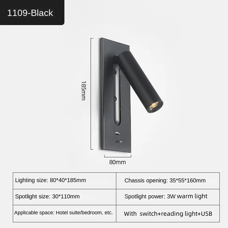 Recessed LED Reading Wall Lamp 3W 35 Degree USB 5V 2.1A Charging Port Toggle Switch Aluminum 80 x 40 x 185mm AC 85-265V Bedroom Hotel Black Copper