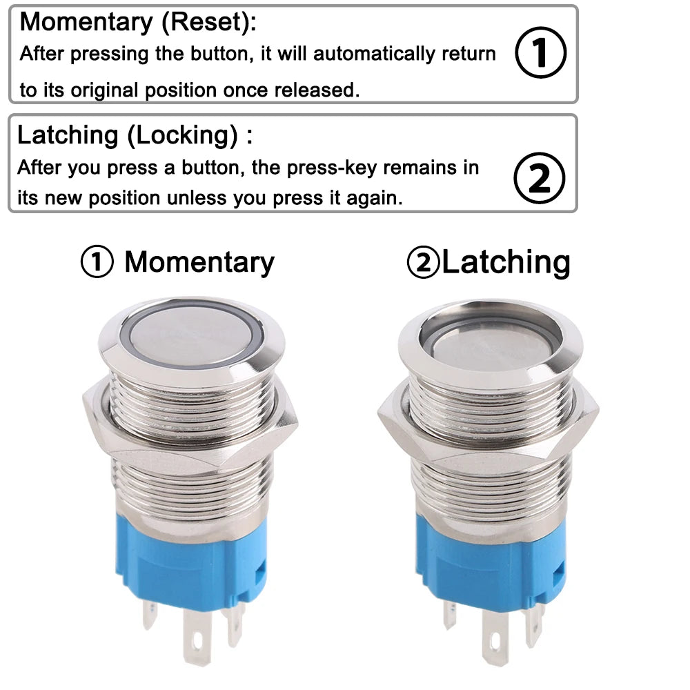 Metal LED Push Button Switch 12 16 19 22mm IP65 Self-Reset Self-Lock 5A 250V CE RoHS CCC