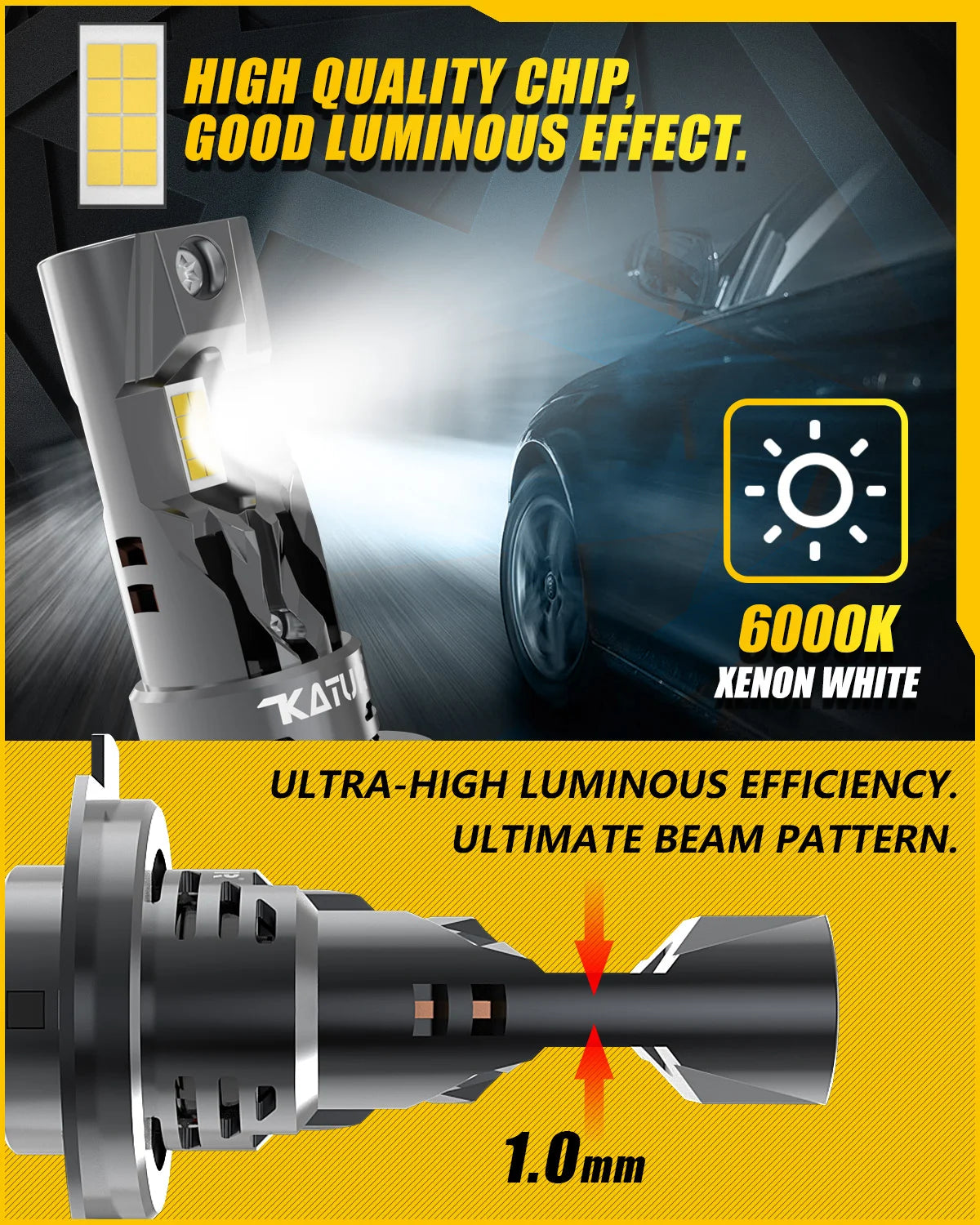 KaTur H1 H3 H4 H7 H8 H11 9005 9012 LED Headlight Bulb 6500K 360° Plug-Play 12V 2 Pack
