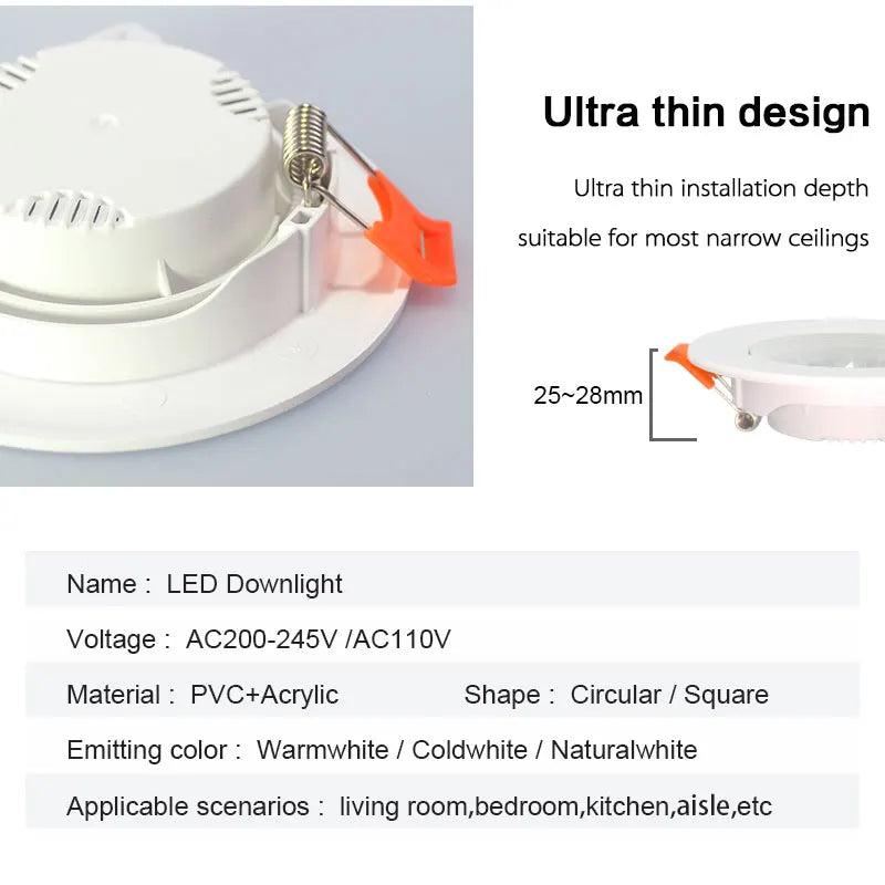 Ultra-Thin LED Recessed Downlight 3W 5W 7W 9W 12W Epistar Round Square AC 110-245V 30,000hr