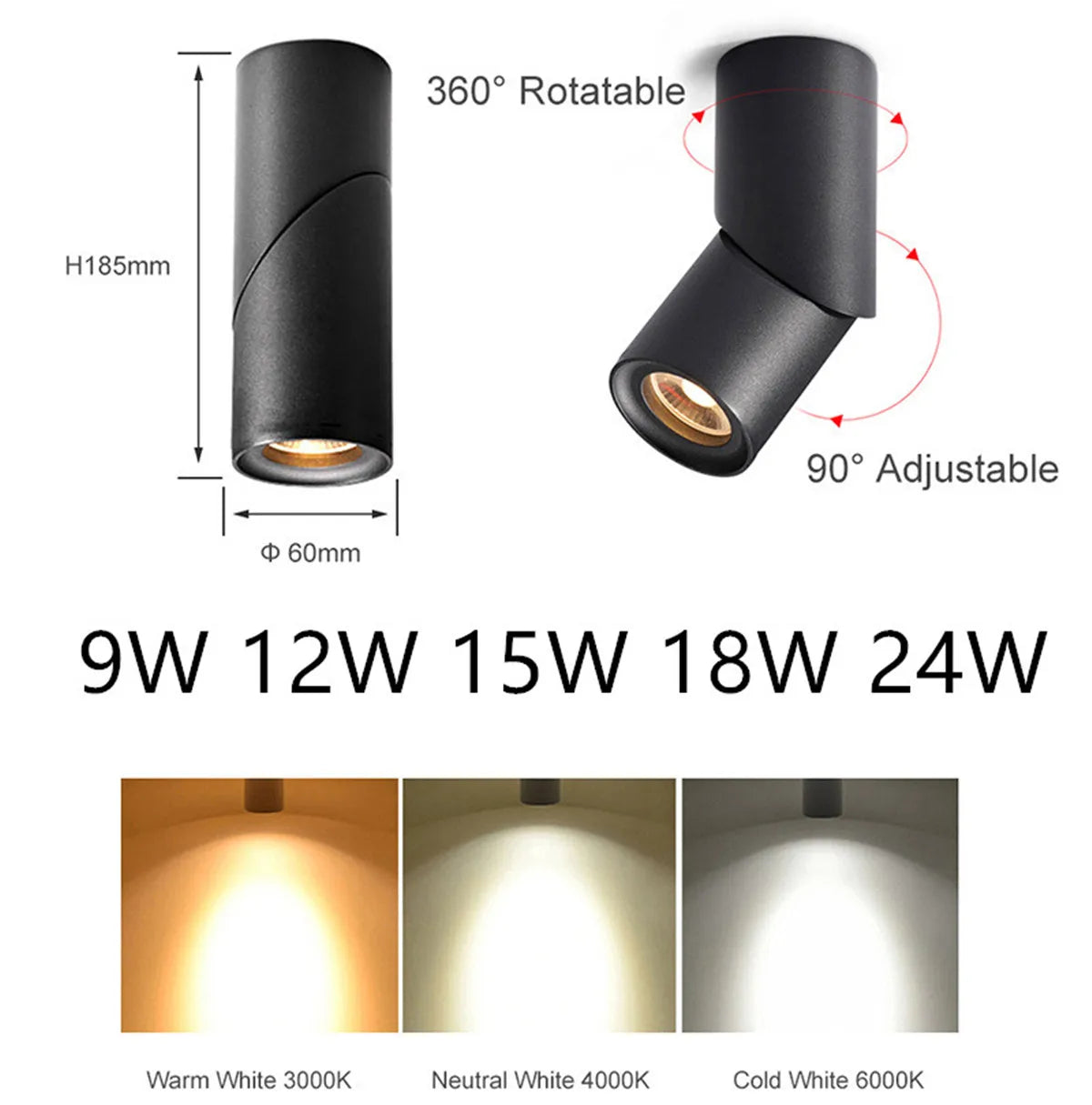 Dimmable Rotating COB LED Downlight 9W 12W 15W 18W 24W Die Cast Aluminum Knob Switch IP52 AC 85-265V Ceiling and Rail Mount