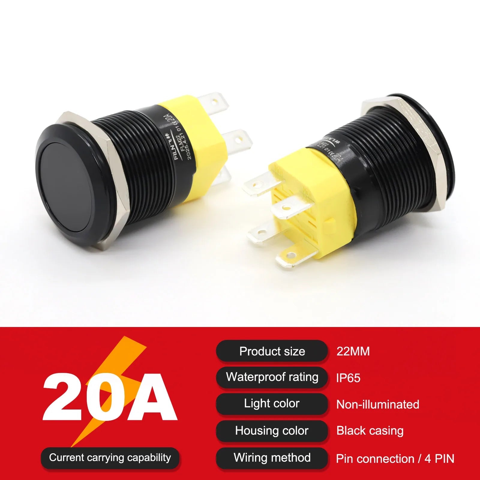 IP68 Waterproof Stainless Steel Push Button Switch 19mm 22mm 20A Momentary LED 12V 24V 110V 220V 4 Pin 20cm Wire 5 Colors