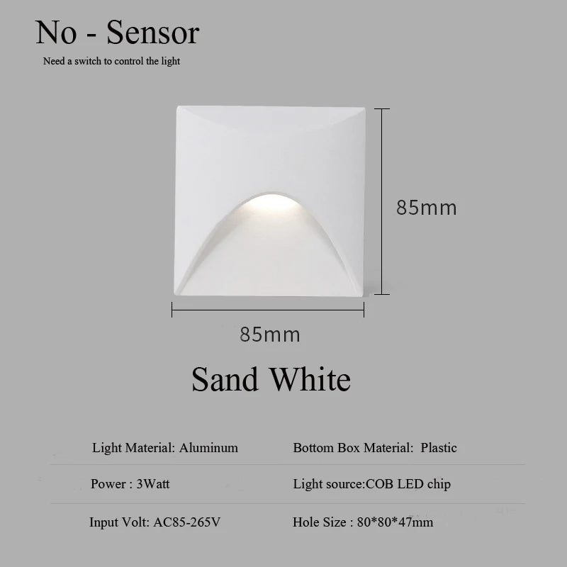 3W IP65 Recessed LED Stair Step Wall Lamp 85mm AC 100-240V White Black Gray Warm Cool White