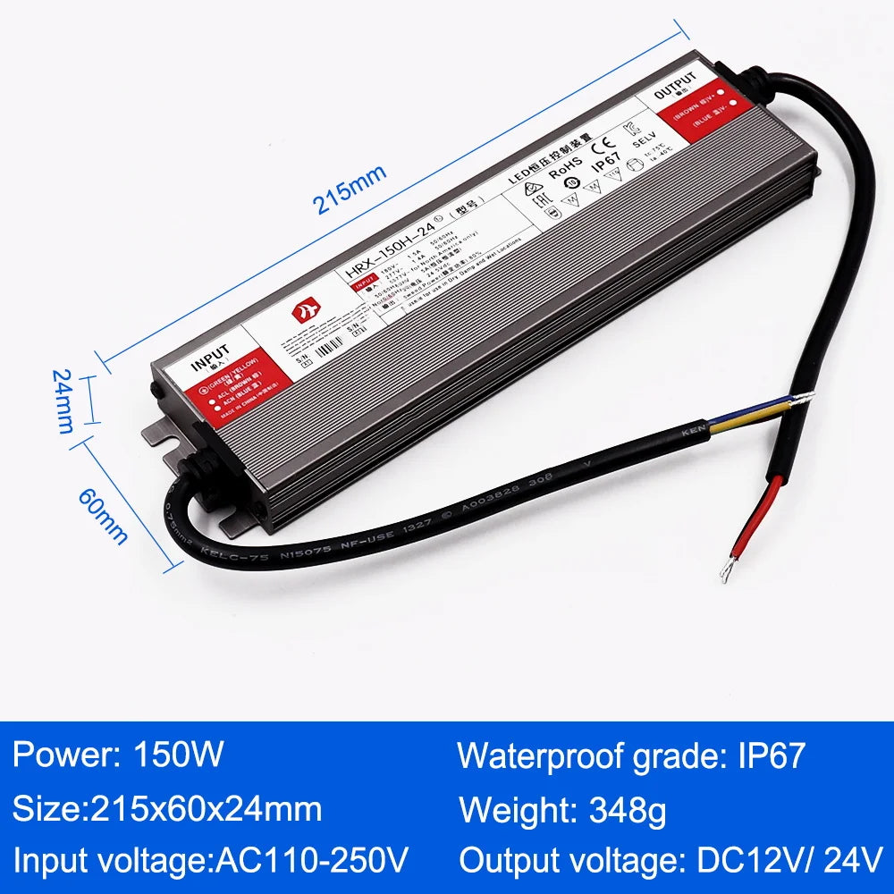 IP67 Waterproof LED Power Supply DC 12V 24V 30W-500W AC 110-250V Constant Voltage Outdoor