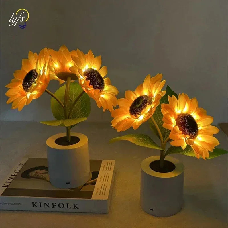 Sunflower LED Night Light USB Rechargeable 1W Warm White 2 Brightness Modes Silk Cloth Plastic Bedroom Bedside Table Lamp