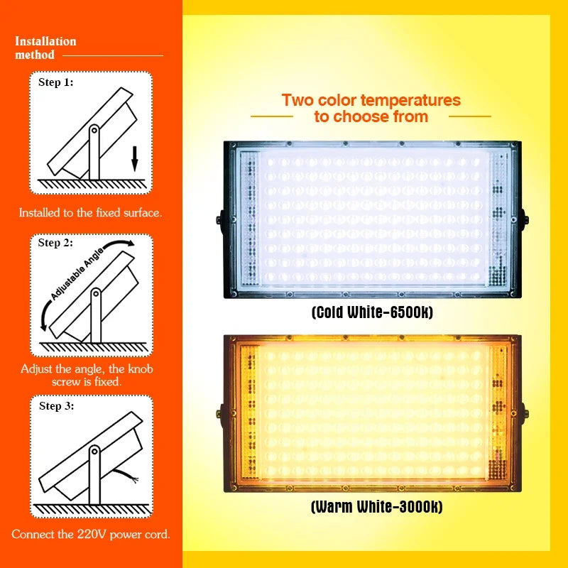 LED Flood Light 50W 100W SMD2835 CRI 85+ 180° IP65 AC 110-220V Warm Cool White