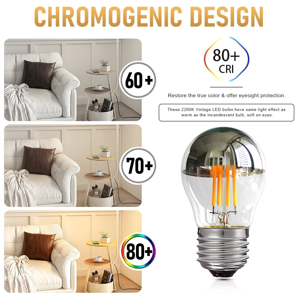 G45 Silver Globe LED Filament Bulb 4W 320lm CRI 90+ 2700K 360° E26 E12 AC 110-240V 6-Pack