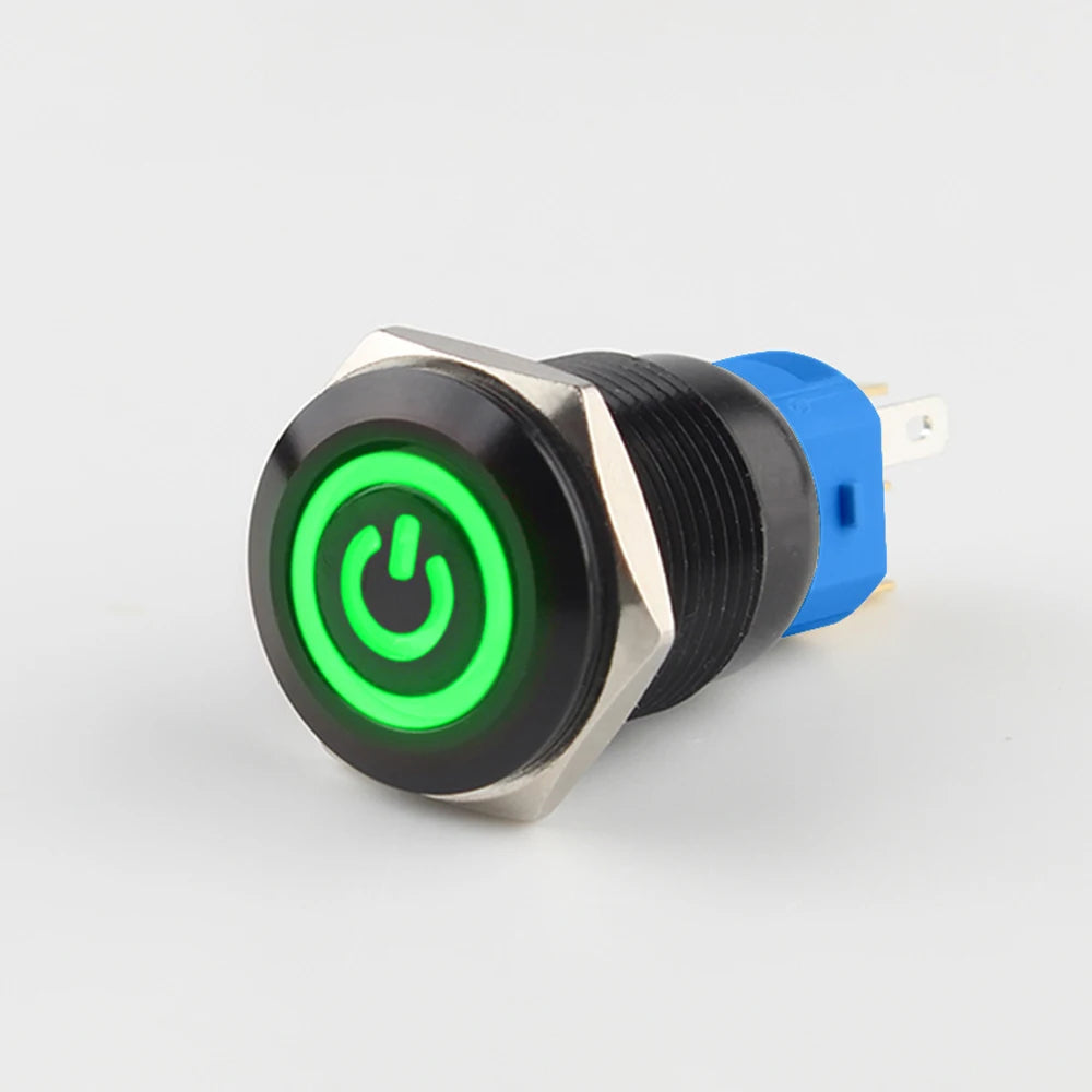 IP65 Waterproof Illuminated Metal Push Button Switch 16mm 19mm 22mm 3A Momentary or Latching LED 3-220V Black Aluminum Alloy 1NO1NC