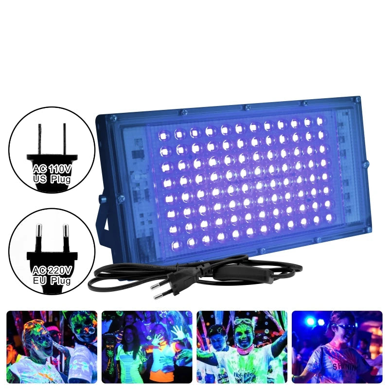 50W 100W UV LED Flood Light 395-400nm IP65 AC 110-220V US EU Plug Party Stage Blacklight