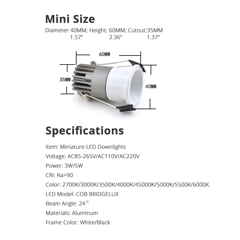 2-Pack 3W 5W COB LED Downlight 35mm Cutout 24° UGR13 CRI 90+ Triac Dimmable