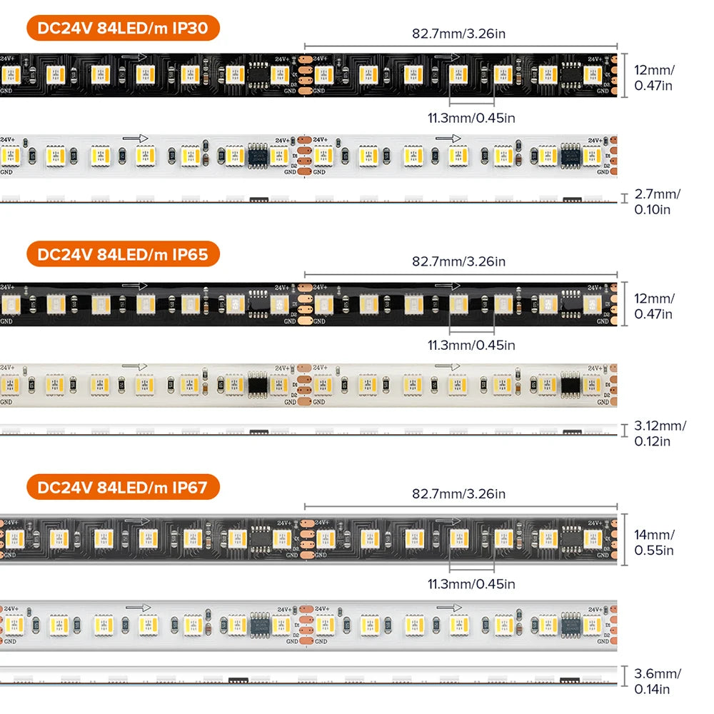 WS2805 RGBCCT Addressable Pixel LED Strip 5-in-1 SMD5050 60/84 LED/m DC12V 24V 1m 3m 5m