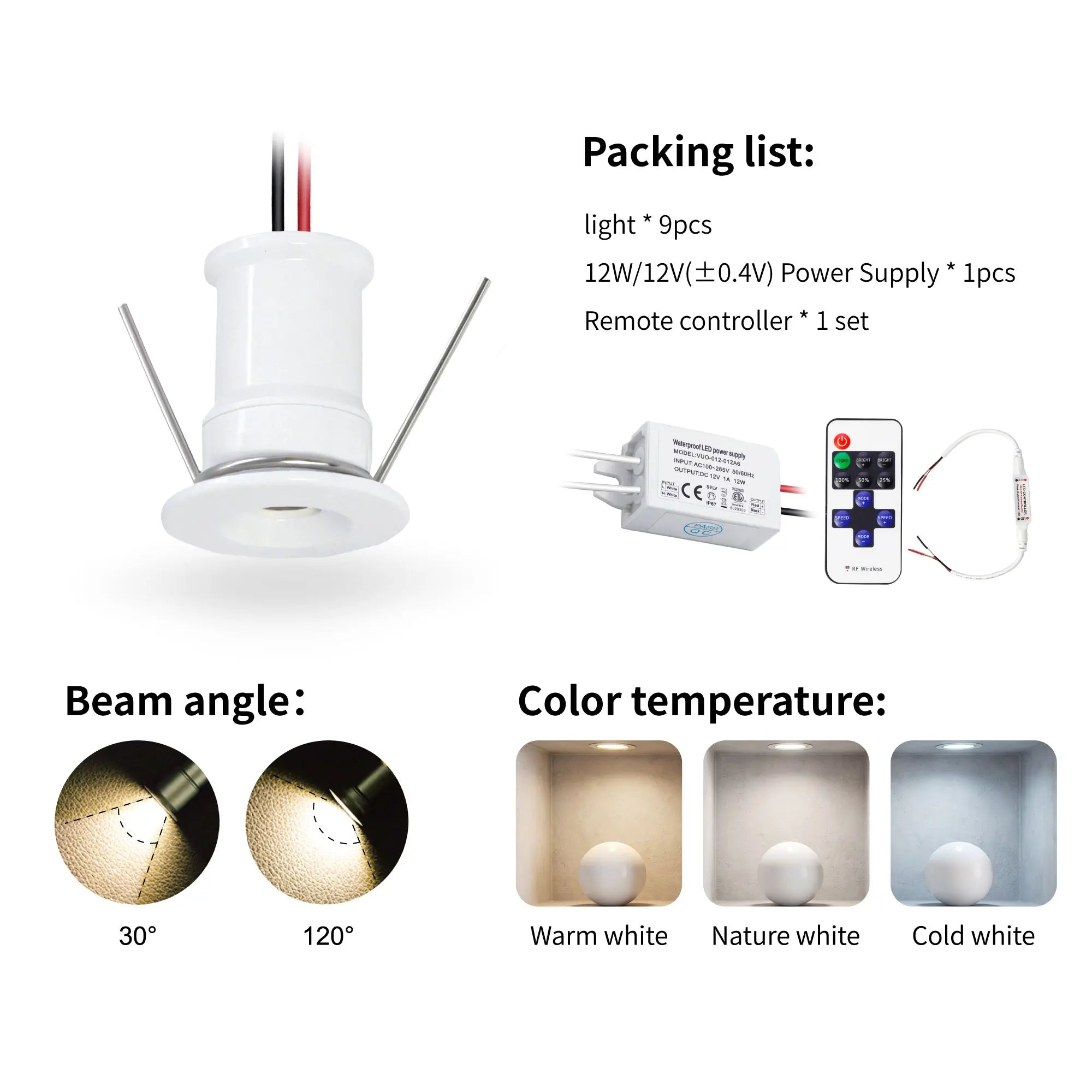 DC 12V Mini LED Spotlight Kit 1W 9-18 Pack Epistar IP65 15mm Cutout Dimmable Remote
