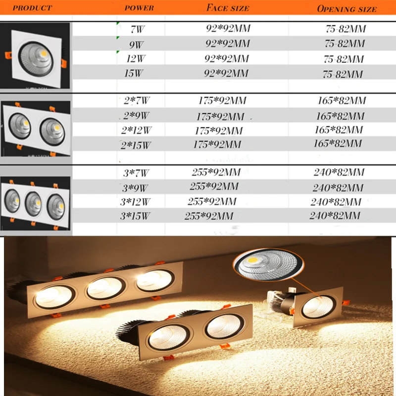 Dimmable COB LED Recessed Downlight 7W-15W Single Double Triple Head 24° CRI 85+ AC 85-265V