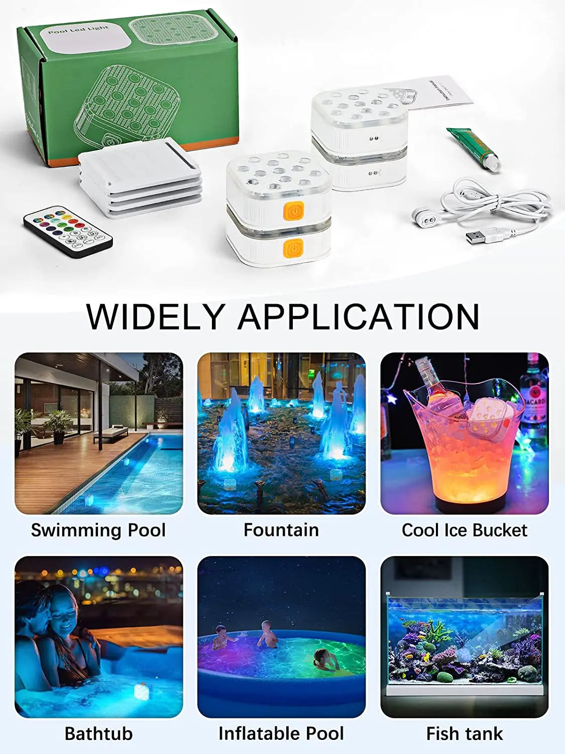 IP68 Rechargeable LED Submersible Pool Light 13 RGBW LEDs 16 Colors RF Remote 200FT Range Timer 2000mAh USB Magnetic Charging 2 Pack