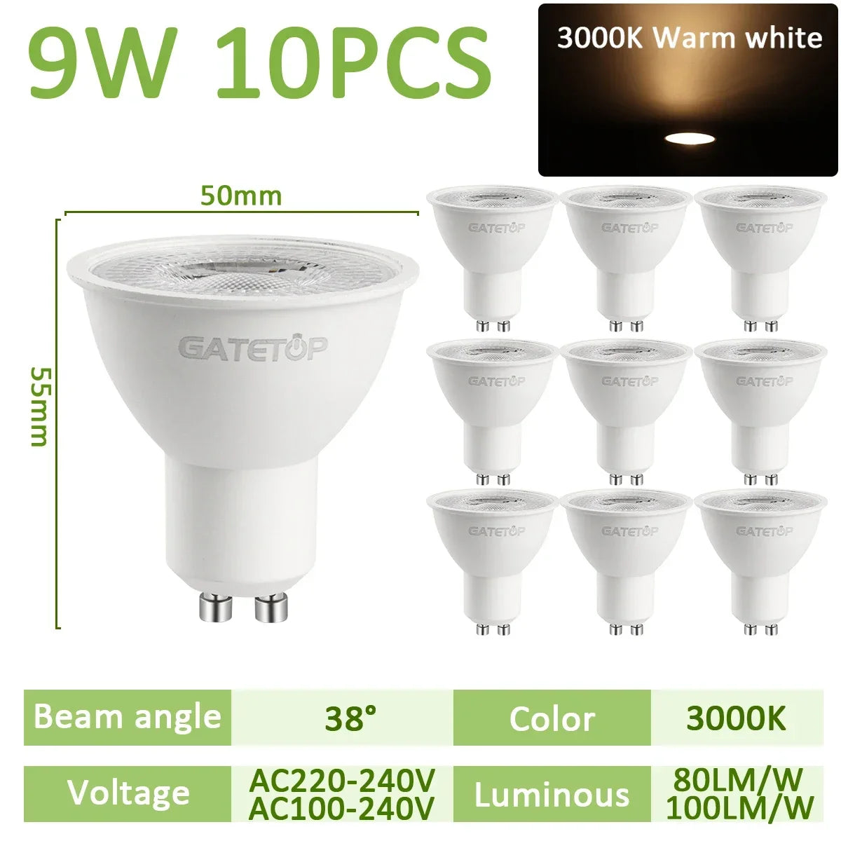 GU10 LED Spotlight Bulb SMD 2835 9W 38 or 120 Degree CRI 80 AC 100-240V No Flicker Track Lighting Living Room 10 Pack