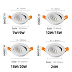 Dimmable Epistar COB LED Recessed Downlight 7W-24W CRI 92+ 120-130lm/W 360° Black White