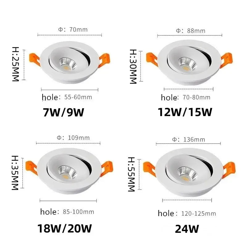Dimmable Epistar COB LED Recessed Downlight 7W-24W CRI 92+ 120-130lm/W 360° Black White