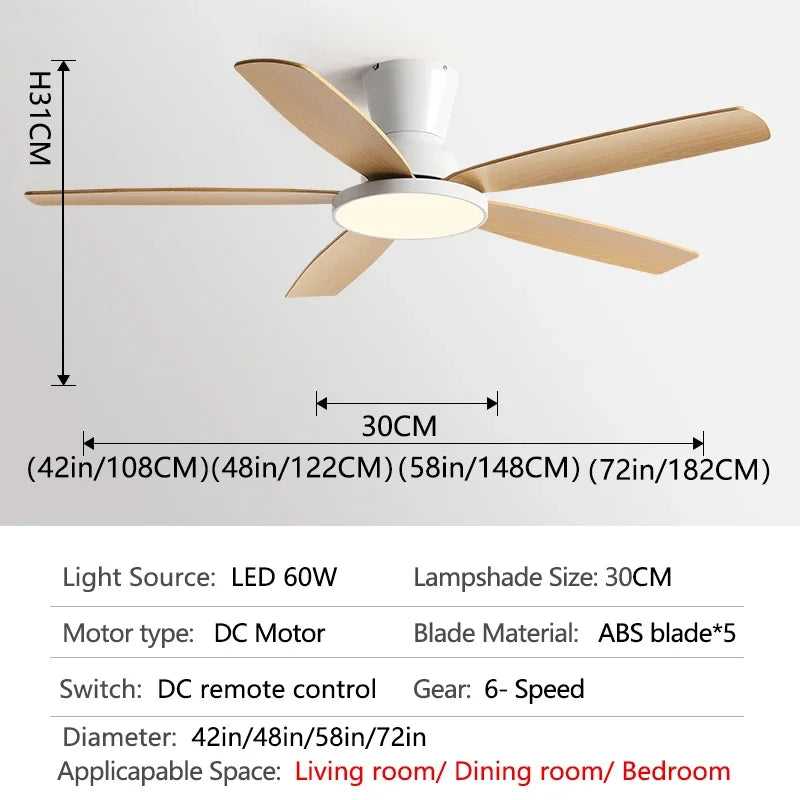 Ceiling Fan with LED Light 42 48 58 72 Inch DC Motor 6-Speed Remote Control 110-220V