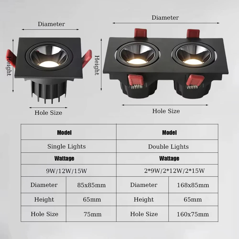 Dimmable Anti-Glare Square COB LED Recessed Downlight 9W 12W 15W Dual Head Option 85-265V