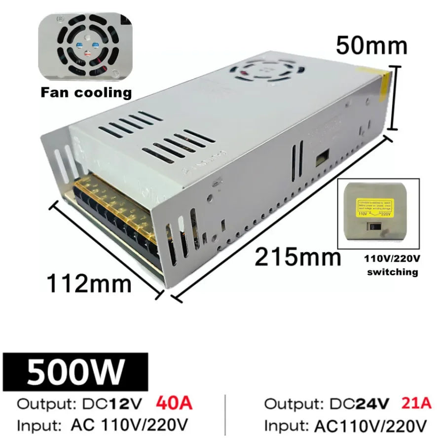 AC 110-220V to DC 12V 24V Power Supply 5A 10A 20A 40A LED Strip Indoor Aluminum Constant Voltage