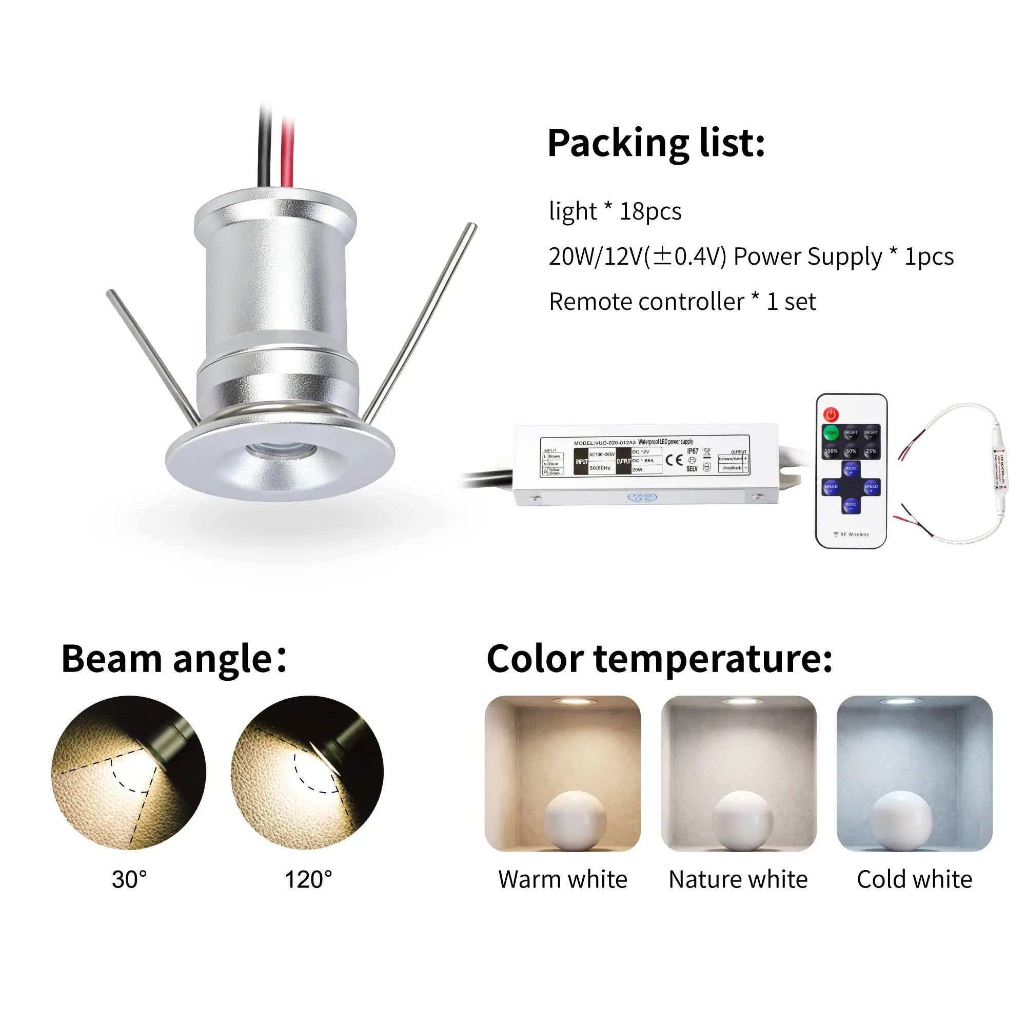 DC 12V Mini LED Spotlight Kit 1W 9-18 Pack Epistar IP65 15mm Cutout Dimmable Remote