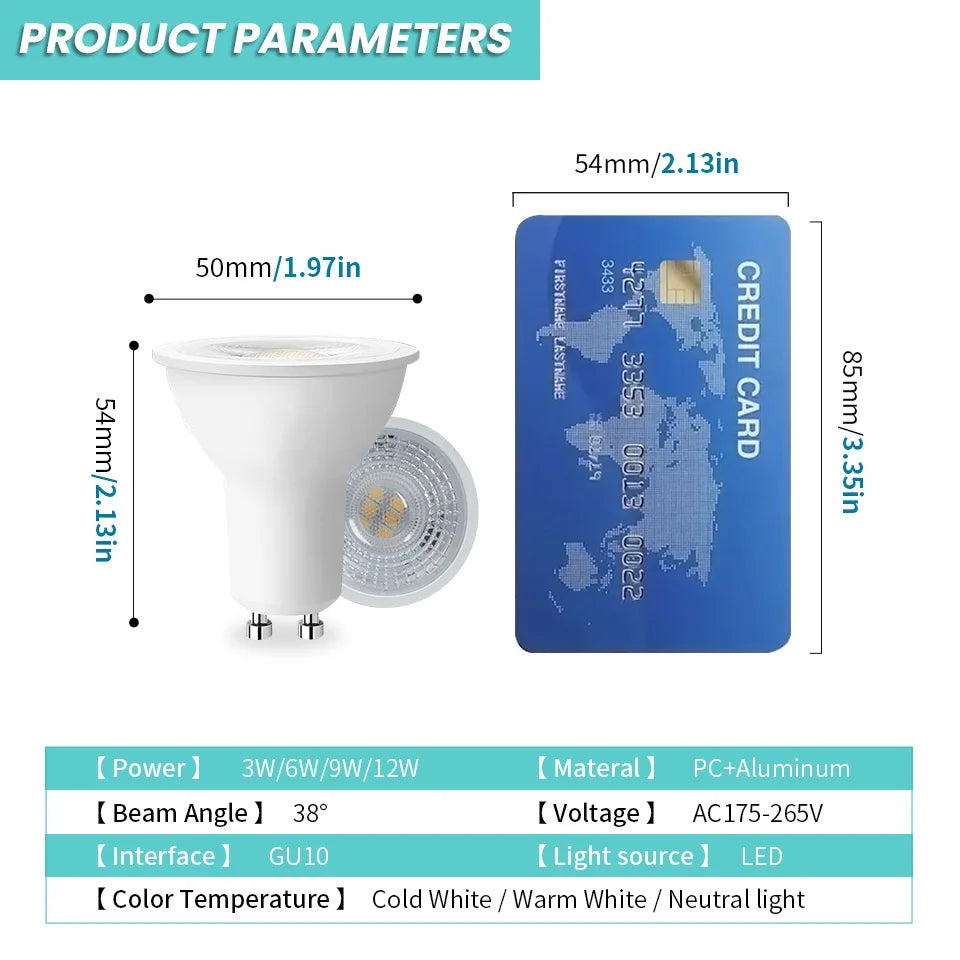 GU10 LED Spotlight Bulb SMD 2835 3W 6W 9W 12W 38 Degree CRI 80 AC 175-265V Energy Saving Globe