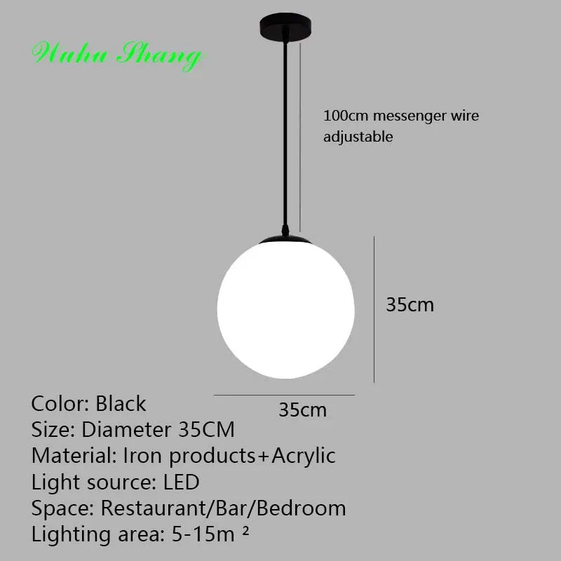Frosted Acrylic Ball Pendant Light Milky White E27 8-35cm 100cm Cord AC 110-240V Scandinavian