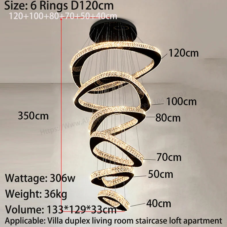 Modern Crystal LED Chandelier Stainless Steel Polished Cord Pendant Remote Control Dimmable AC 90-265V Villa Living Room Staircase