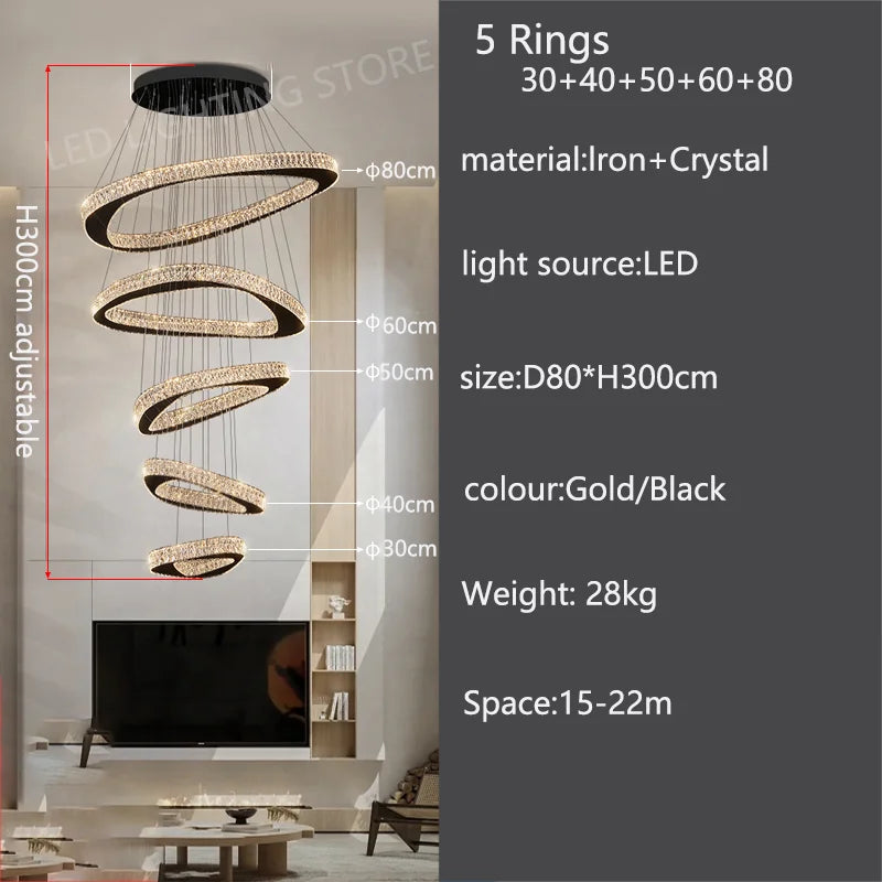 Modern Crystal LED Chandelier Stainless Steel Polished Cord Pendant Remote Control Dimmable AC 90-265V Villa Living Room Staircase
