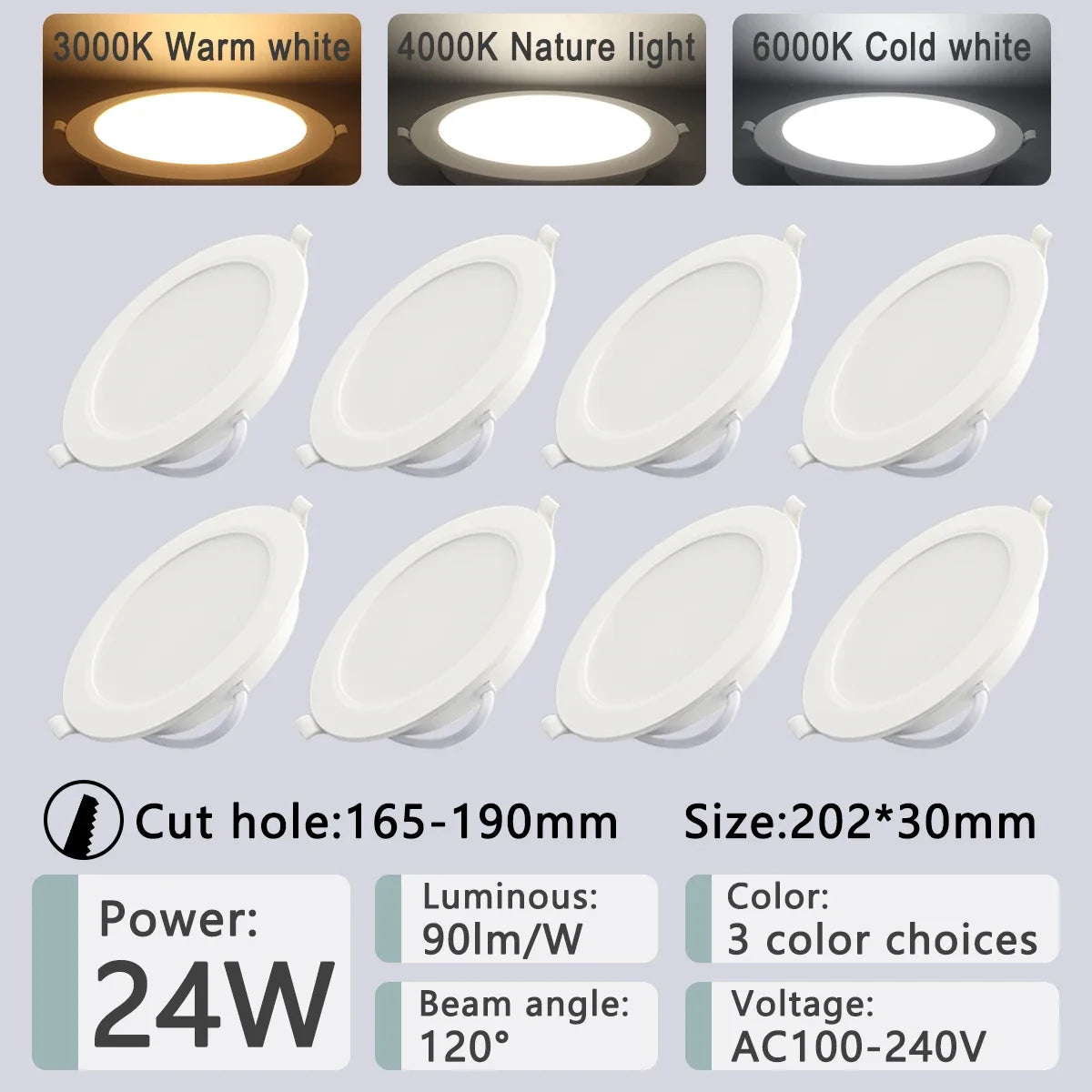 8-Pack LED Recessed Downlight 3 4 5 6 8 Inch 3-CCT 3000K 4000K 6000K AC 110-240V Round