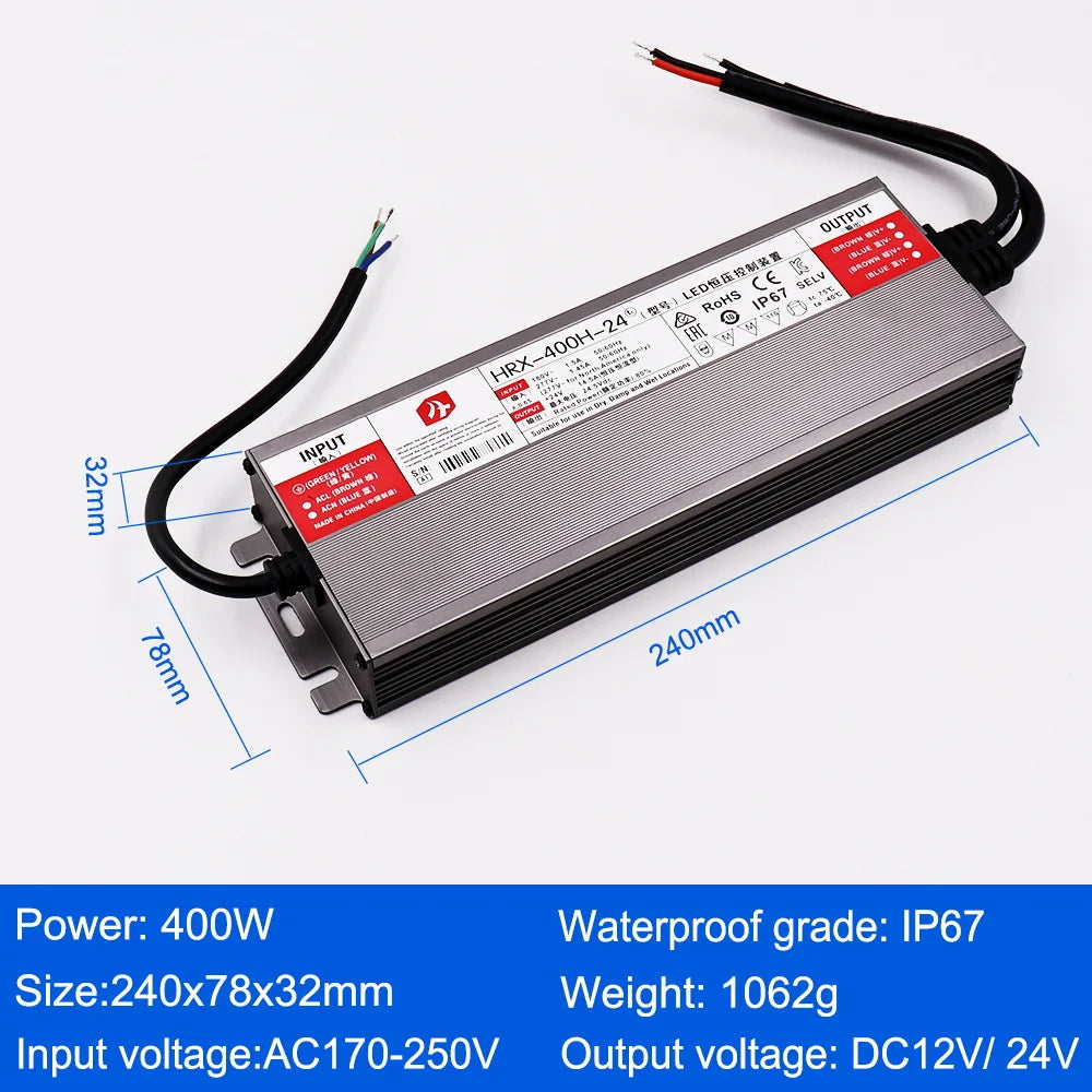 IP67 Waterproof LED Power Supply DC 12V 24V 30W-500W AC 110-250V Constant Voltage Outdoor