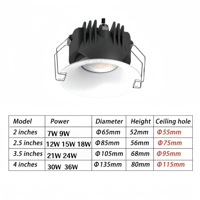 IP65 Waterproof COB LED Recessed Downlight 7W 9W 12W 15W 18W 21W 24W 30W 36W Die Cast Aluminum CRI 85 24 Degree AC 85-265V Driver Included