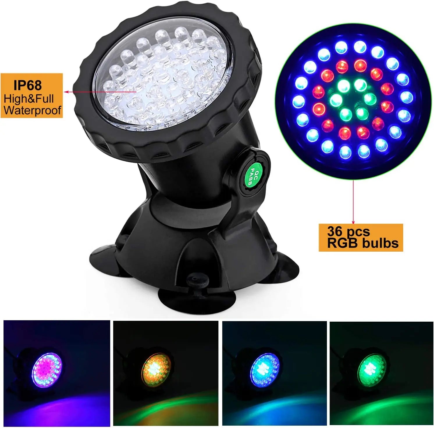 RGB LED Underwater Light 36 LEDs 4.8W IP68 7cm Suction Cup AC 100-240V Aquarium Pool Pond