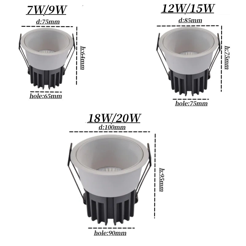 Dimmable COB LED Recessed Downlight 7W 9W 12W 15W 18W 20W CRI 92+ 15°-60° AC 85-265V