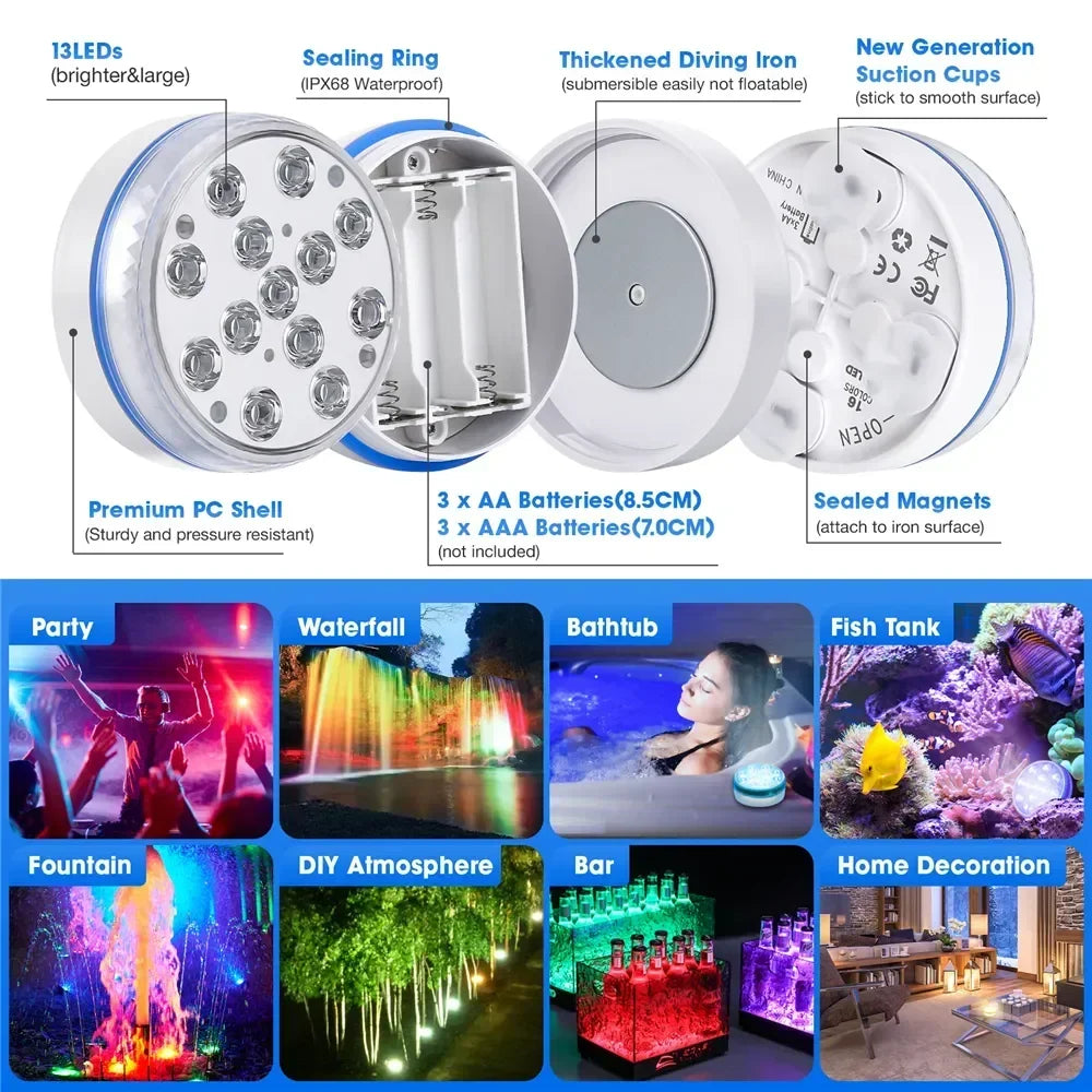 IP68 Submersible LED Pool Light 16 Colors RF Remote Control 4 Suction Cups Magnet Mount ABS Battery Powered 7cm and 8.5cm