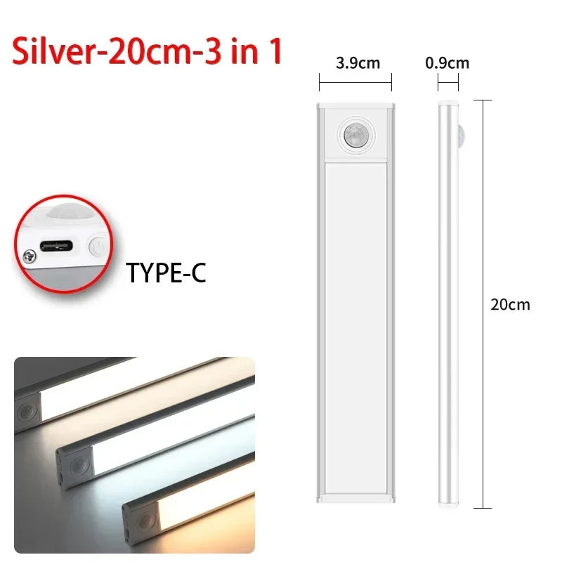 Ultra Thin Rechargeable LED Under Cabinet Light Motion Sensor 54 LED 3 Color Temperatures Stepless Dimming Magnetic Mount Type-C 20cm to 60cm