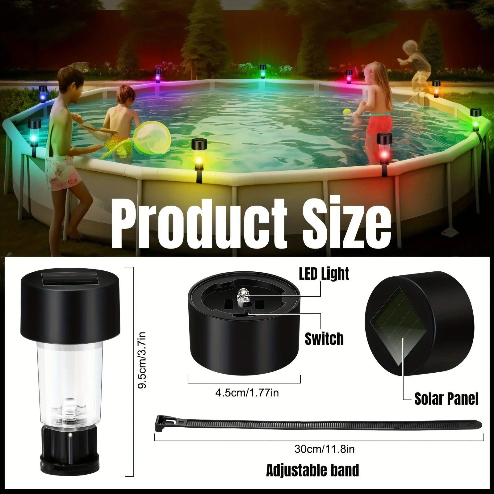 Solar LED Pool Railing Light IP44 Multi Color Auto Dusk to Dawn Adjustable Strap Mount Outdoor Garden Fence Path 6 Pack