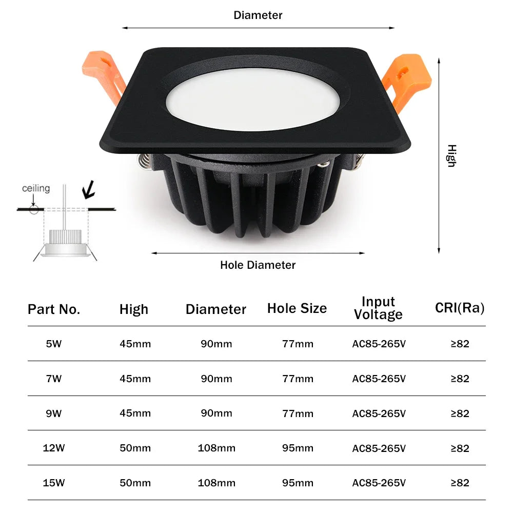 IP65 Waterproof LED Recessed Downlight Square Round 5W 7W 9W 12W 15W 85-265V Black White