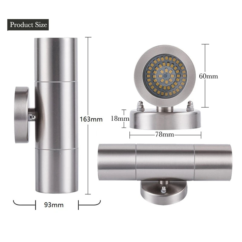 IP65 GU10 Outdoor LED Wall Lamp 10W 600lm Up Down Dual Light Stainless Steel 85-265V