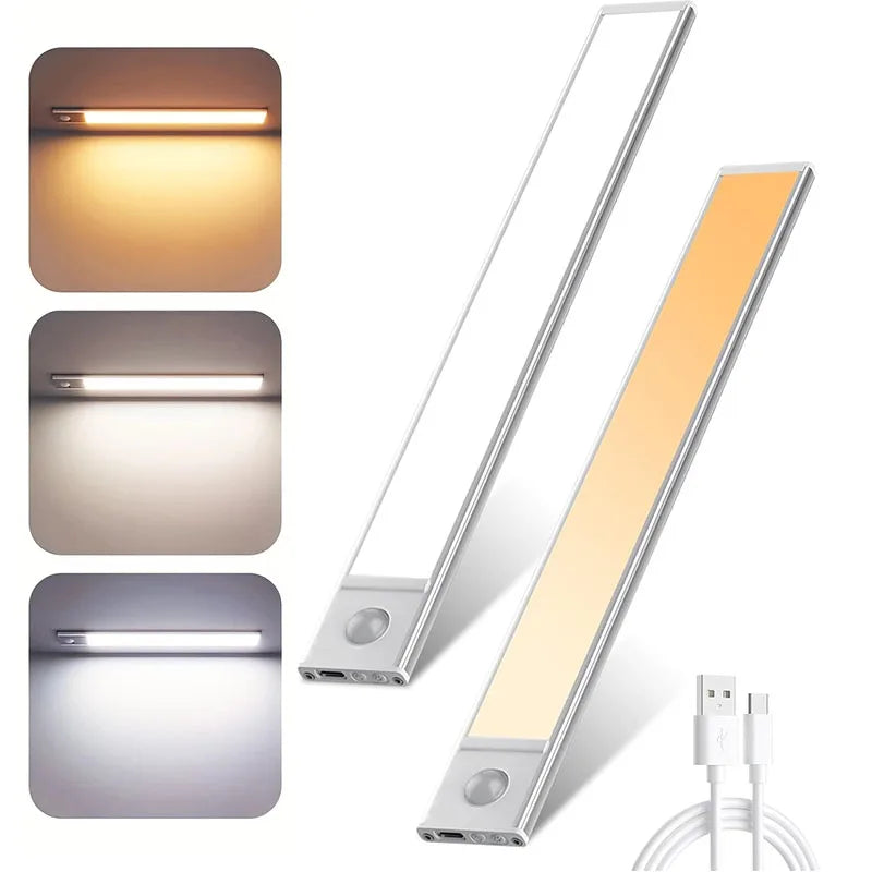 Ultra Thin Rechargeable LED Under Cabinet Light Motion Sensor 54 LED 3 Color Temperatures Stepless Dimming Magnetic Mount Type-C 20cm to 60cm