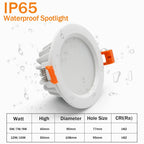 IP65 Waterproof COB LED Recessed Downlight 5W 7W 12W 15W CRI >90 Anti-Glare 85-265V