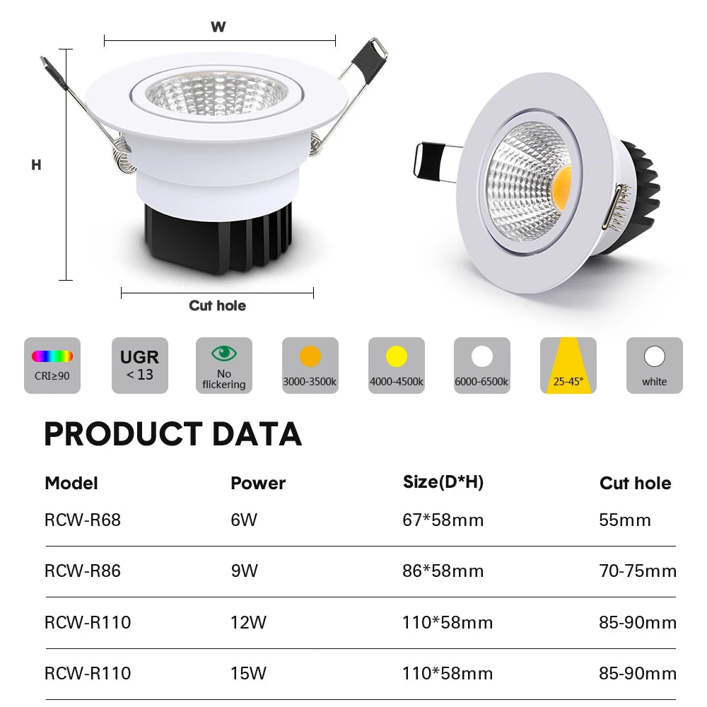 COB LED Recessed Dimmable Downlight 6W 9W 12W 15W CRI 90 105-110lm/W 25-45° AC 85-265V