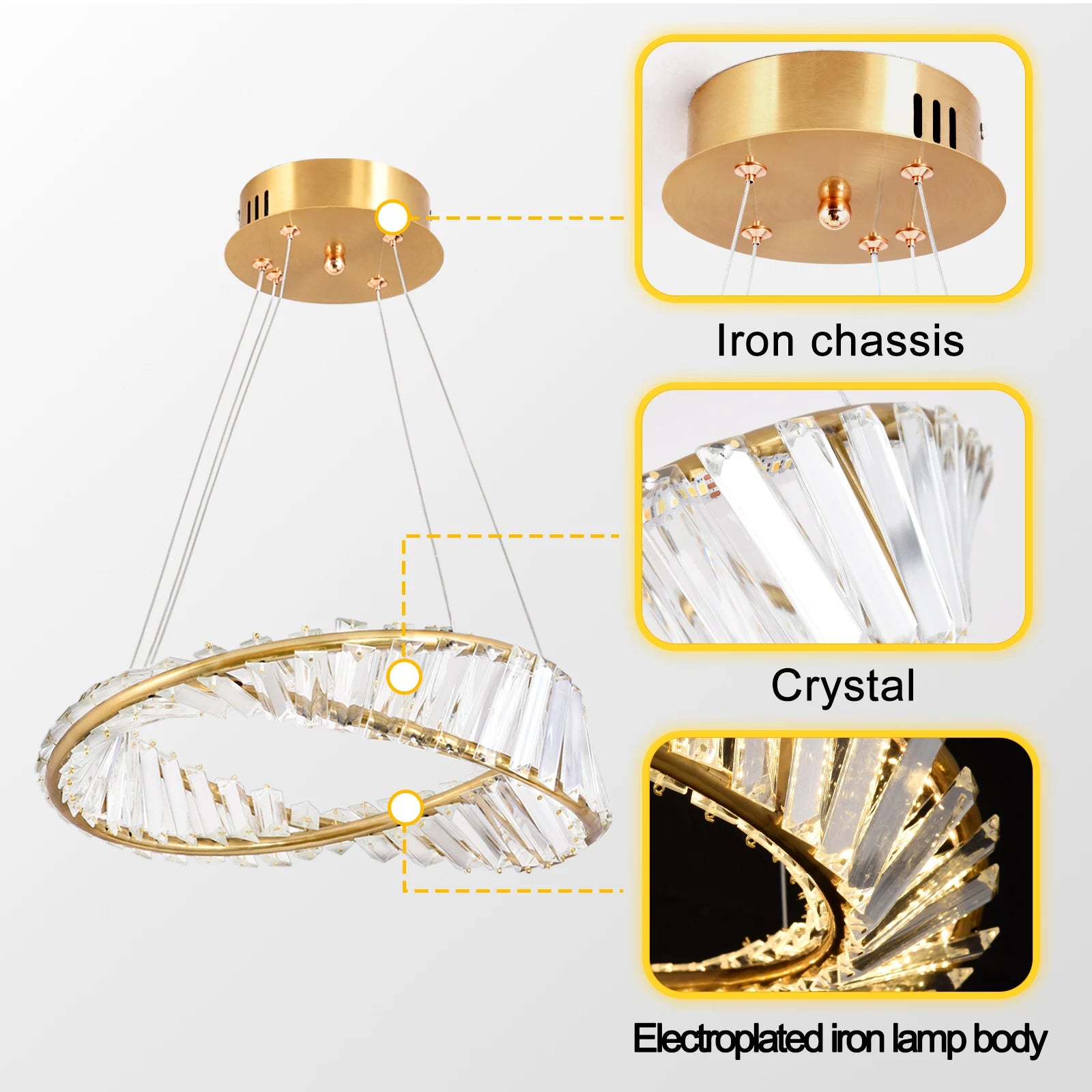 Luxury Ring LED Chandelier Pendant Light Stainless Steel Crystal Flush Mount Knob Dimmable Living Room Dining Room AC 90-260V