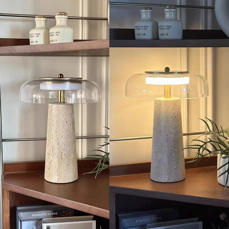 Mushroom Travertine Natural Stone Table Lamp 12W LED Glass Acrylic Shade AC 85-265V