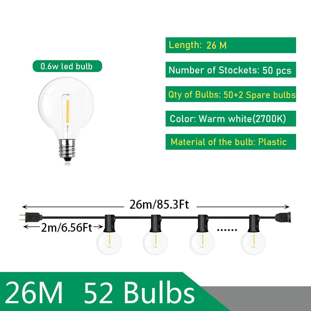 G40 LED Outdoor String Lights IP44 Dimmable 0.6W Warm White Connectable 9m 14m 26m