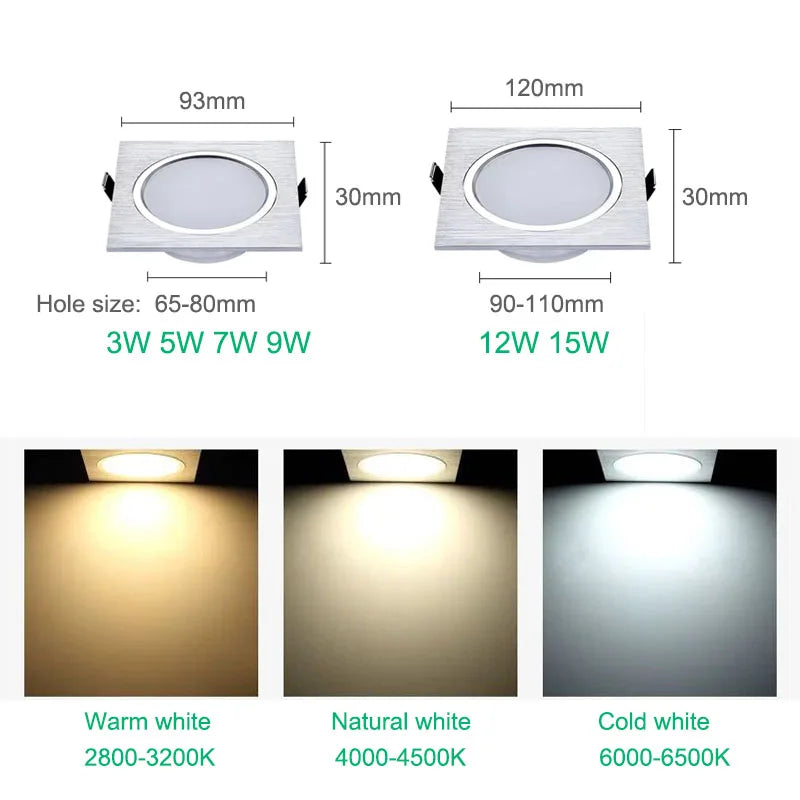 Dimmable Square LED Recessed Downlight 3W 5W 7W 9W 12W 15W CRI 85+ 120° AC 110-220V