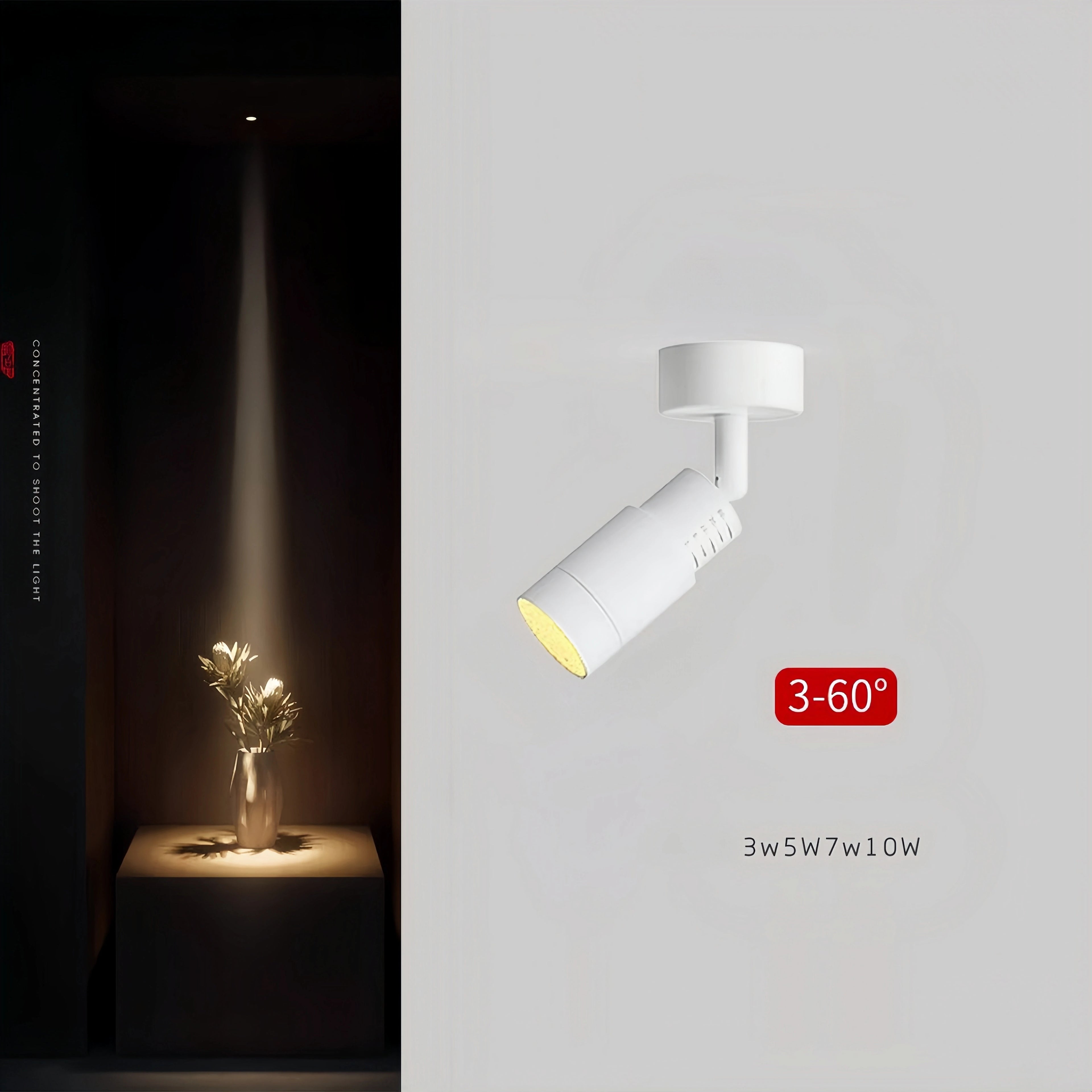 3°-60° Zoom LED Surface Mounted Spotlight Adjustable Beam Aluminum AC 90-260V 3-5m²
